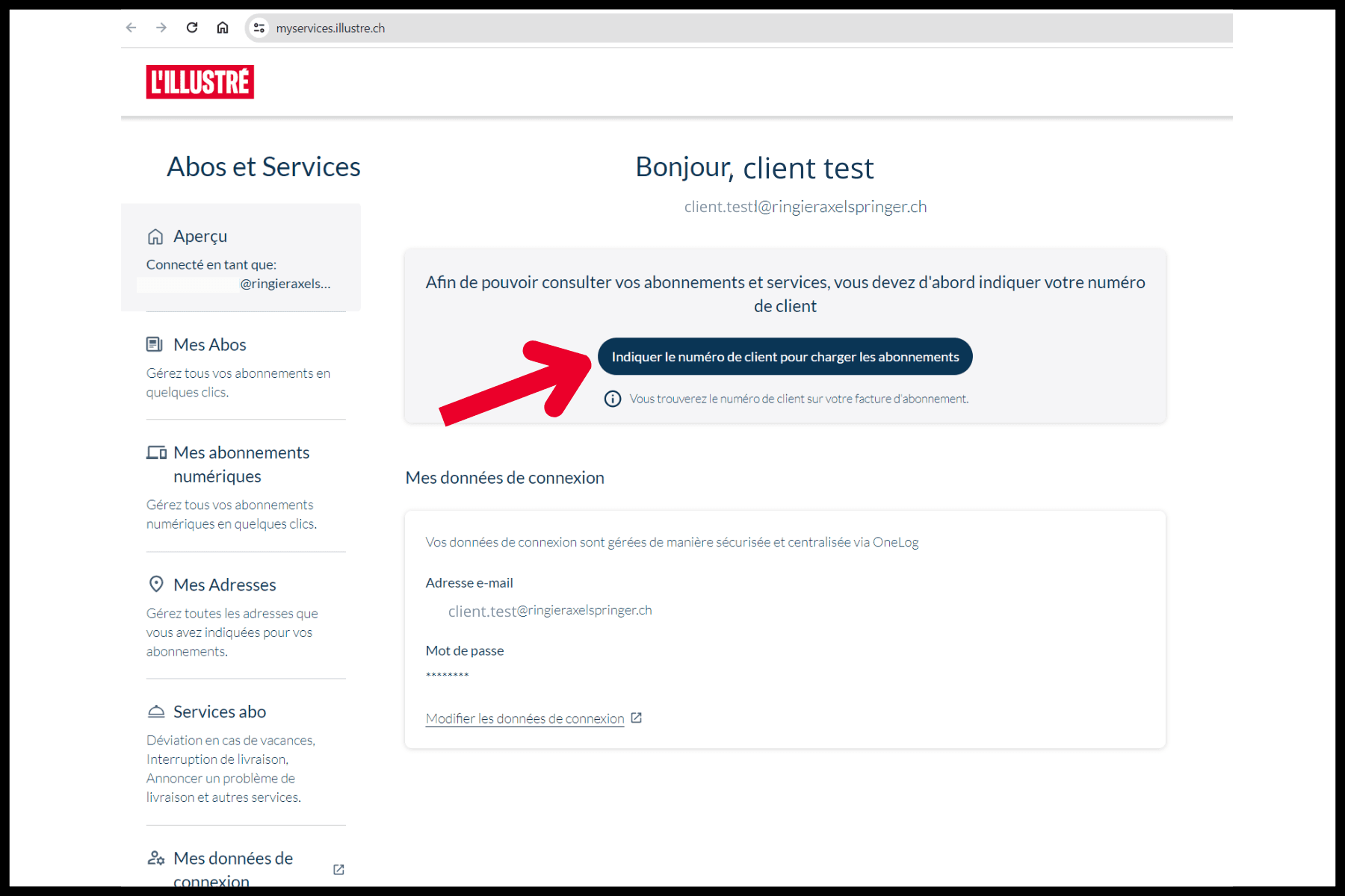 Client (1) <p>5) Une fois sur “Mon compte”. Cliquez sur "Indiquer le numéro de client pour charger les abonnements"</p>