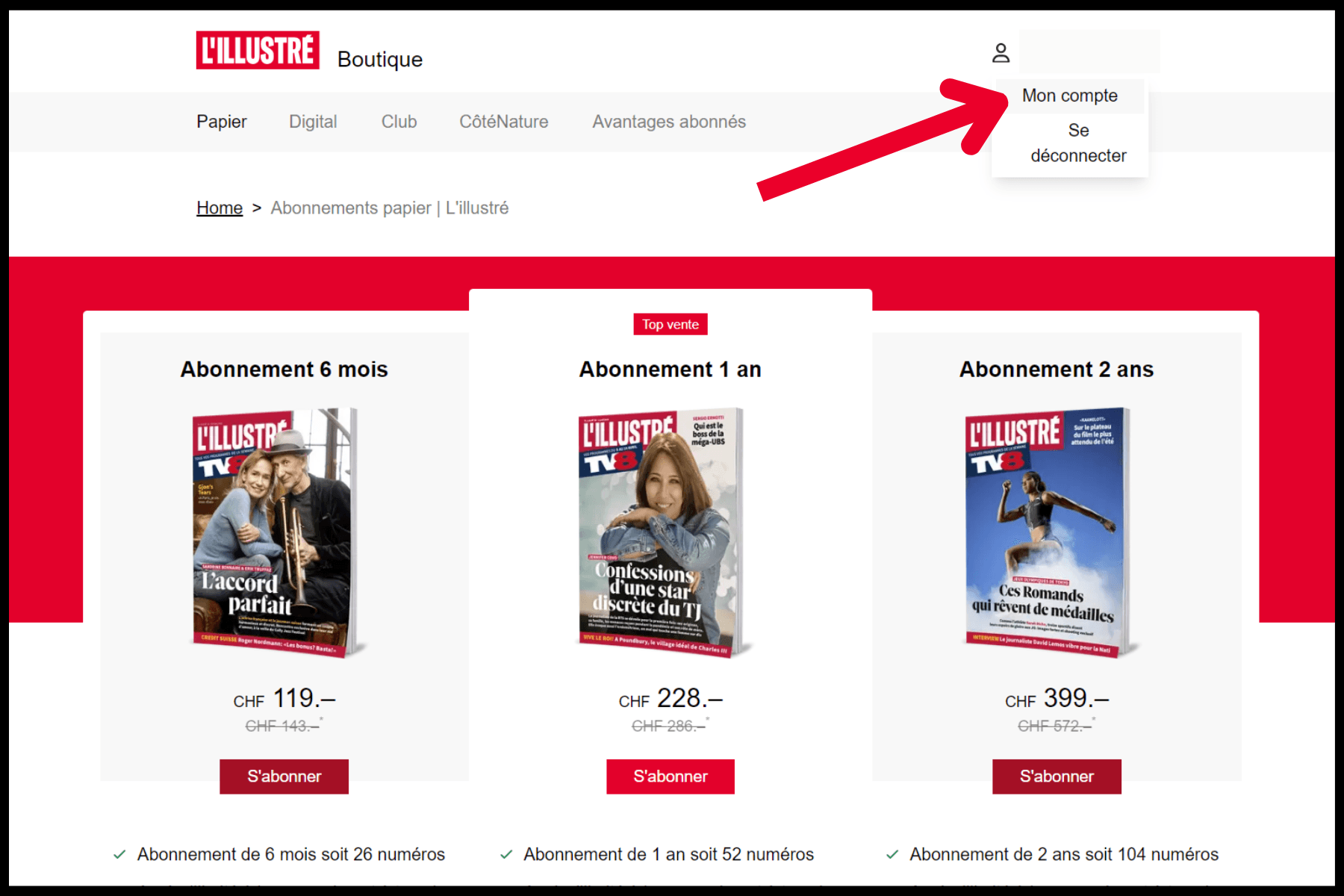 Client (4) <p>4) Retournez sur le site “<a href="https://boutique.illustre.ch/" target="_blank" rel="noopener">boutique.illustre.ch</a>” et cliquez à nouveau sur “Se connecter”, et allez sur “Mon compte”.</p>