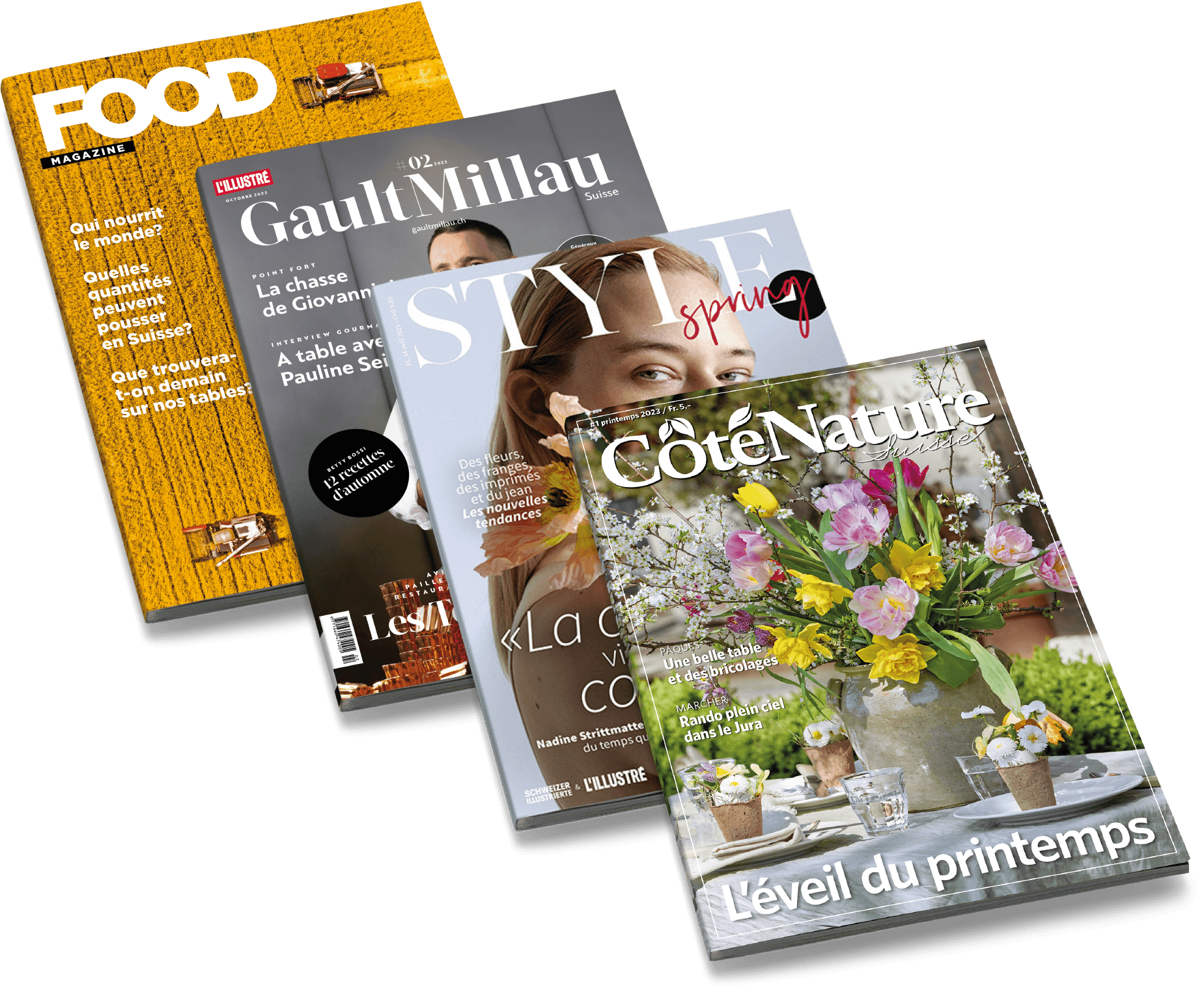 Magazine | L'illustré | Supplements Web <h2><strong>Le magazine </strong><strong>CôtéNature</strong><strong> et les autres suppléments</strong></h2>
<p>Vous recevrez quatre fois par an le magazine CôtéNature, qui met à l’honneur la Suisse authentique et les merveilles de sa nature au fil des saisons, mais aussi d’autres suppléments tels que les magazines GaultMillau, STYLE ainsi que de nombreux guides thématiques concernant le sport, les balades, la nature, la gastronomie ou encore l’automobile.</p>